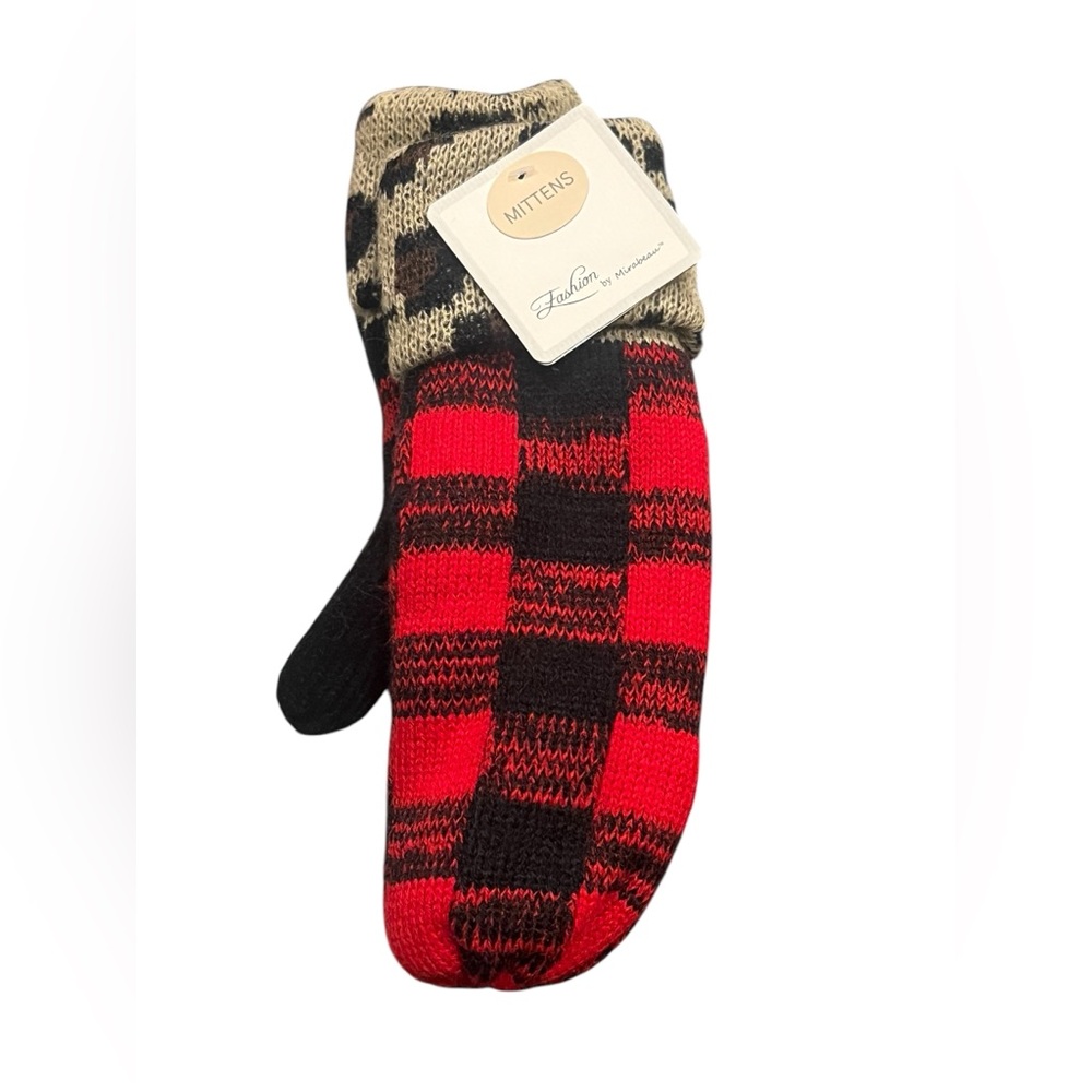 Red and Black Plaid with Brown Animal Print Cuff Mitten Gloves